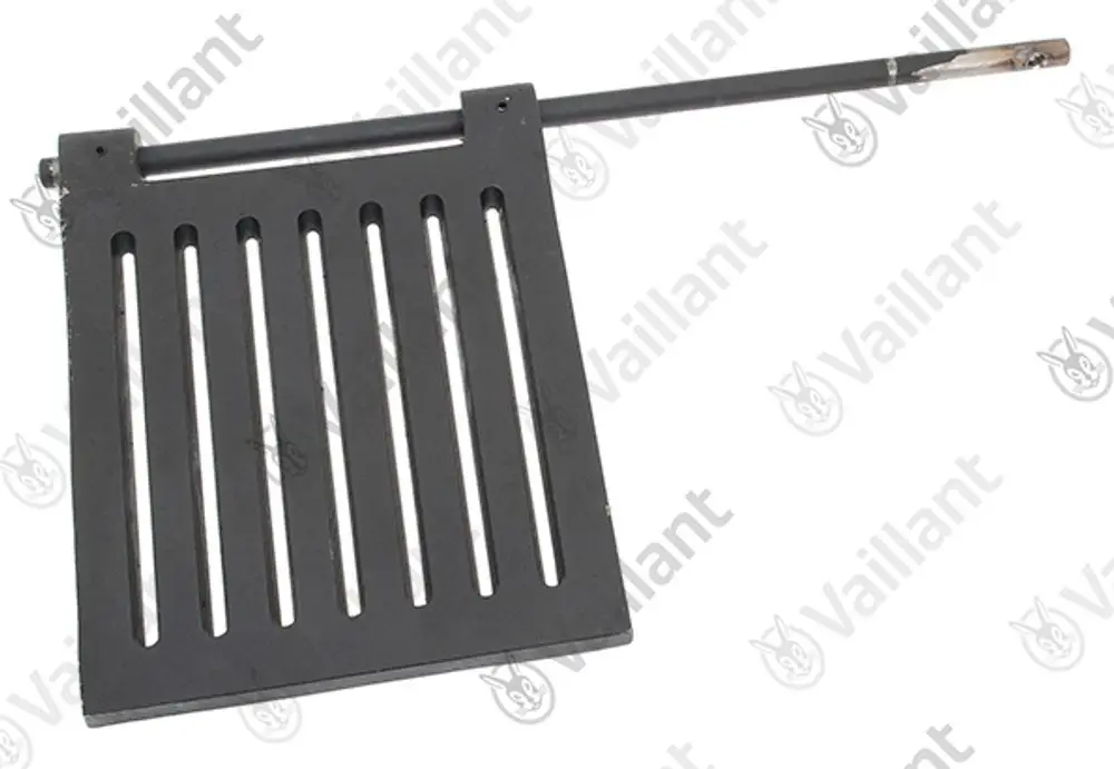 Vaillant Brennerrost mit länglichen Öffnungen und einem Stab zur Befestigung. Das Produkt ist aus Metall gefertigt und zeigt eine dunkle Oberfläche.